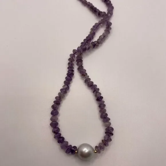 14k Amethyst Bead Necklace with Pearl - Picture 11 of 12